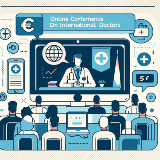 Bild, vektor, enkel, textfri, 2-3 färger, med 5 € deltagaravgift för onlinekonferensen som ges av läkare utomlands