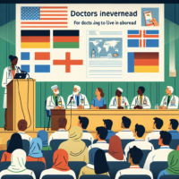 Amerika, Almanya, Ingiltere, Finlandiya basta olmak uzere yurtdisina yasamak icin gitmeyi planlayan doktorlara konferans resmi, vektör, basit