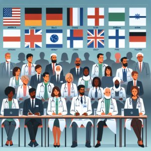 Amerika, Almanya, Ingiltere, Finlandiya basta olmak uzere yurtdisina yasamak icin gitmeyi planlayan doktorlara konferans resmi, vektör, basit