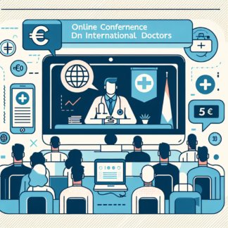 Kuva, vektorimuotoinen, yksinkertainen, tekstivapaa, 2-3 väriä, 5 € osallistumismaksu ulkomailla asuvien lääkäreiden pitämään verkkokonferenssiin.